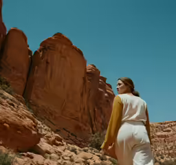 a woman in a white gown is in the middle of desert