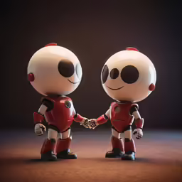 two robot figurines shaking hands on a dark background