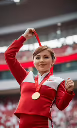 a woman in red stands holding her medal