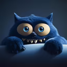 a blue kitty with yellow eyes holding a blank sign