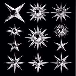 eight silver and white metal stars on a black background