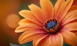a close up of an orange flower with yellow and blue petals