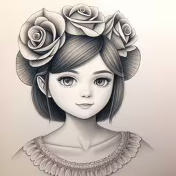 a woman with three roses on her head,this pencil drawing depicts an individual