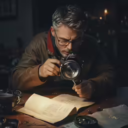 a man looking through the lens of an old photo