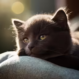 a gray cat laying down on top of a blanket