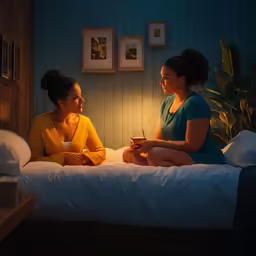 a couple of women sitting on top of a bed