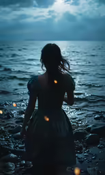woman in green dress on beach at night