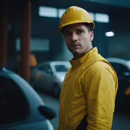 a construction worker in yellow looks at the camera