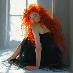 a woman with long red hair sitting down,a girl with red hair sitting on the floor