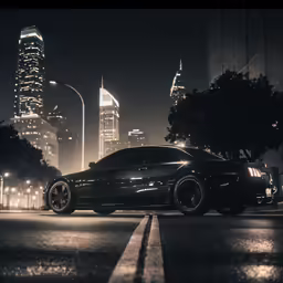 the car is sitting alone in the street at night