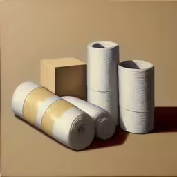 an image of an abstract painting of rolls of yarn,there is two rolls of toilet paper next to two large cylindrical rolls of thread