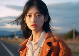a asian girl wearing an orange jacket standing next to a road,a young woman standing on the side of a road