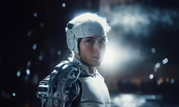 a man wearing a protective device looks at the camera