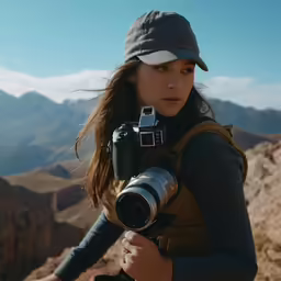 a woman in the mountains with a camera