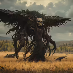 a large bird statue standing on top of a field