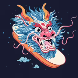 an illustration of a dragon with a snowboard in its mouth