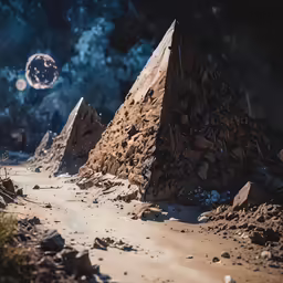 a painting with rocks and dirt in the background, and some moon lights