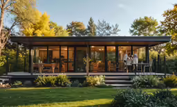 a modern glass building in the middle of a lush green field