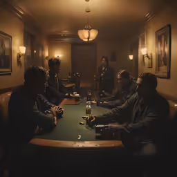three guys sit at a large table in the middle of the room
