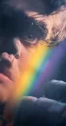 a woman with her eyes opened holding a rainbow