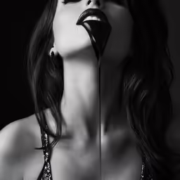 a woman with long black lipstick and a dark background