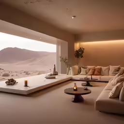 a living room with sofas, tables, and candles on the table