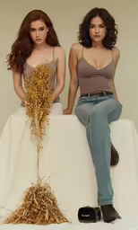 two women are sitting on the back of a white chair