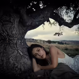 there is a woman laying on the ground by a tree