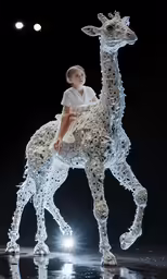 a woman sitting on top of a giraffe statue
