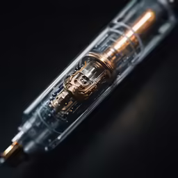 a clear tube with a gold head on a black surface