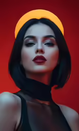 a woman in black and red lipstick posing for the camera