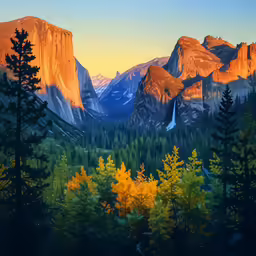 trees and mountains are shown with an orange glow