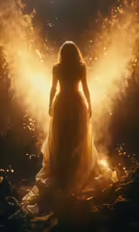 a woman in an orange dress standing under sunlight