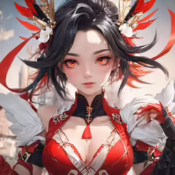 a girl dressed in a red uniform with wings