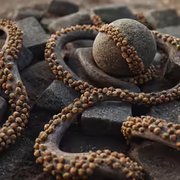 a large ball and chain of rocks on a brick surface
