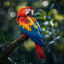 a colorful parrot sits on a branch with lots of trees around