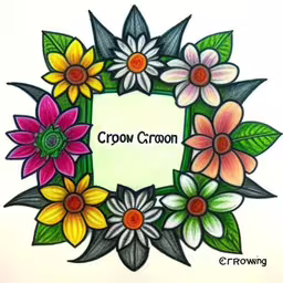 the name crown is surrounded by large flowers,a picture of a group of flowers with the words crow cron,an art nouveau picture of a frame with flowers around it,a colored floral frame with words below it,a drawing of a flower frame with the word crow crayo