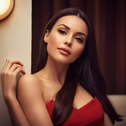 a beautiful young lady in a red top leaning against a wall
