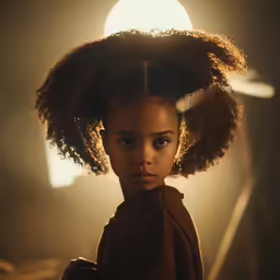 young girl with curly hair in darkened room