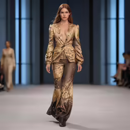 the model wears a creation by giattari on her runway