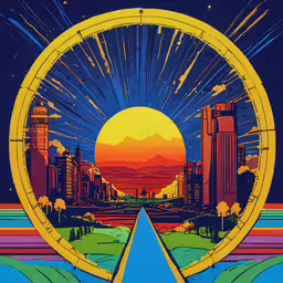 a colorful landscape with a circular shape and the sun setting,an artistic view of a sunset with the sun in the background