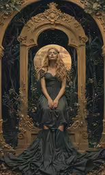 a woman sitting on top of a golden throne next to vines and branches