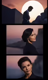 two shots with a person sitting near the moon
