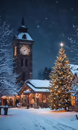 a tall clock tower with a lit tree in the foreground
