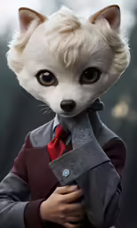 a white wolf with a red tie is posing for the camera