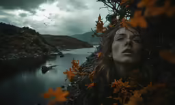a woman looking at the sky behind leaves