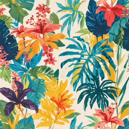 bright tropical print with red, green, blue and yellow flowers