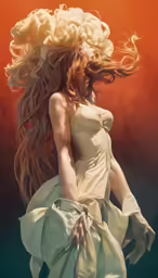 a woman in a dress with a hair blowing out