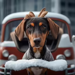a dog has his head sticking out of the window of a truck