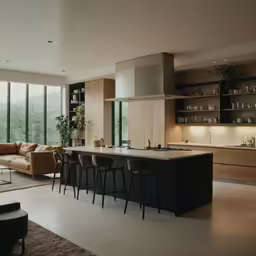 a living room filled with furniture and a kitchen